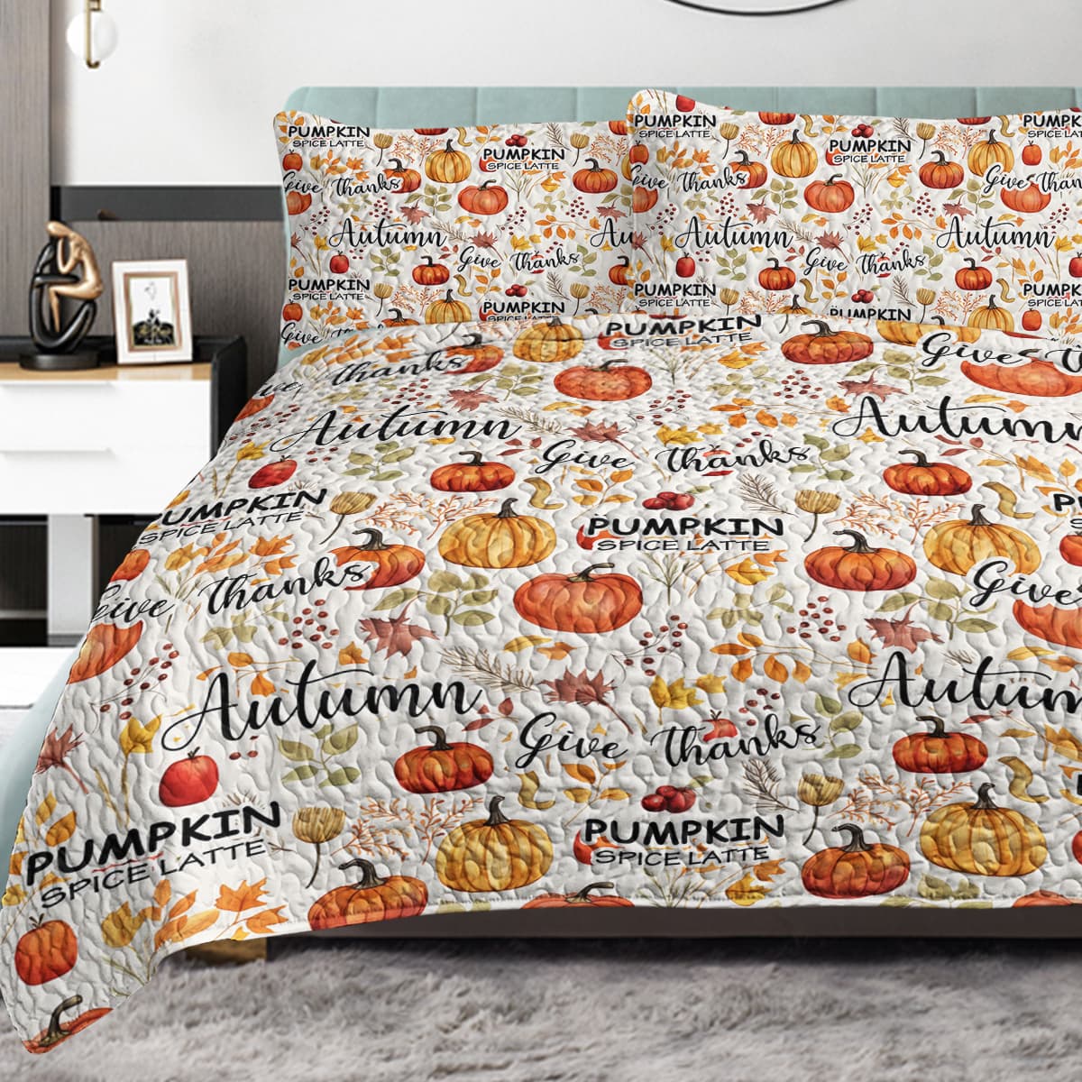 Pumpkin Autumn Leaves Design Quilt Set 3 Pieces King Size All Seasons Bedding Quilt Bed Set with 2 Pillowcases for Kids Teens Adults Bedroom Decor Thanksgiving（temu can only be self-picked up）