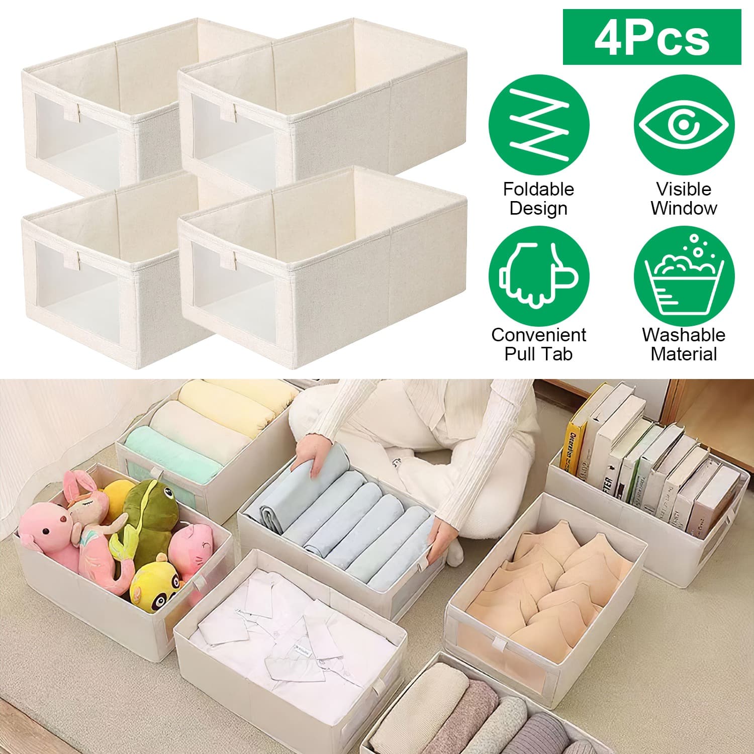 4Pcs Foldable Closet Storage Bins,16.14x10.82x6.49in Closet Storage Baskets with Clear Window, Washable Linen Fabric Storage Baskets for Clothes Organization or Bedroom Kitchen Basement,Clothes Toys S
