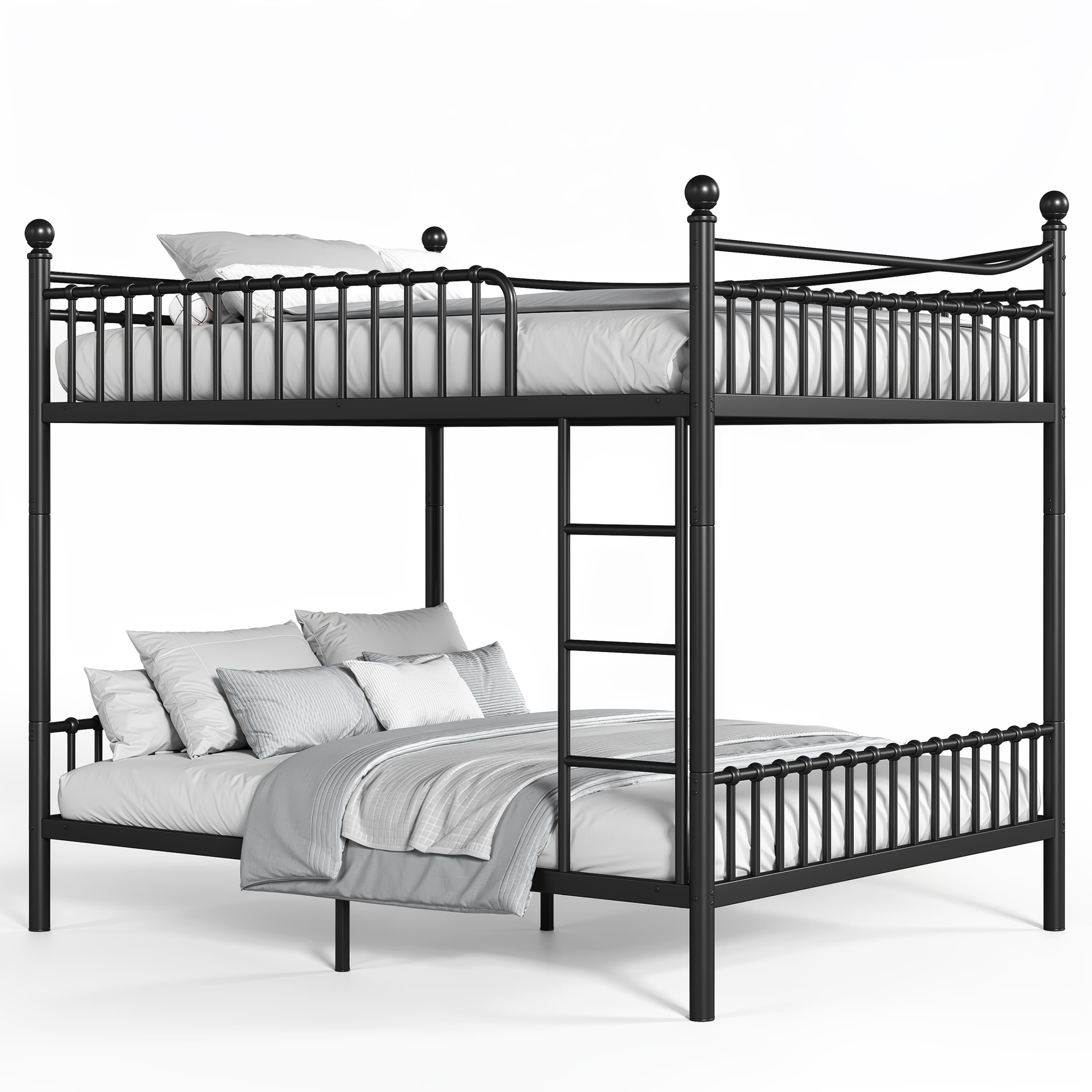 Queen over Queen Metal Bunk Bed with Unique Curved Guardrail Design, Round Tube bunk bed Frame, No Box Spring Required, Metal Bunk Bed Frame for Kids Teens,adults, Black