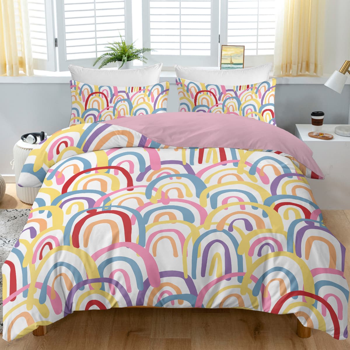 Rainbow Duvet Cover Set Queen Size, Colorful Rainbow Bedding Comforter Cover Set (3 Pieces, 1 Duvet Cover 90\"x90\" and 2 Pillow Shams 20\"x36\")