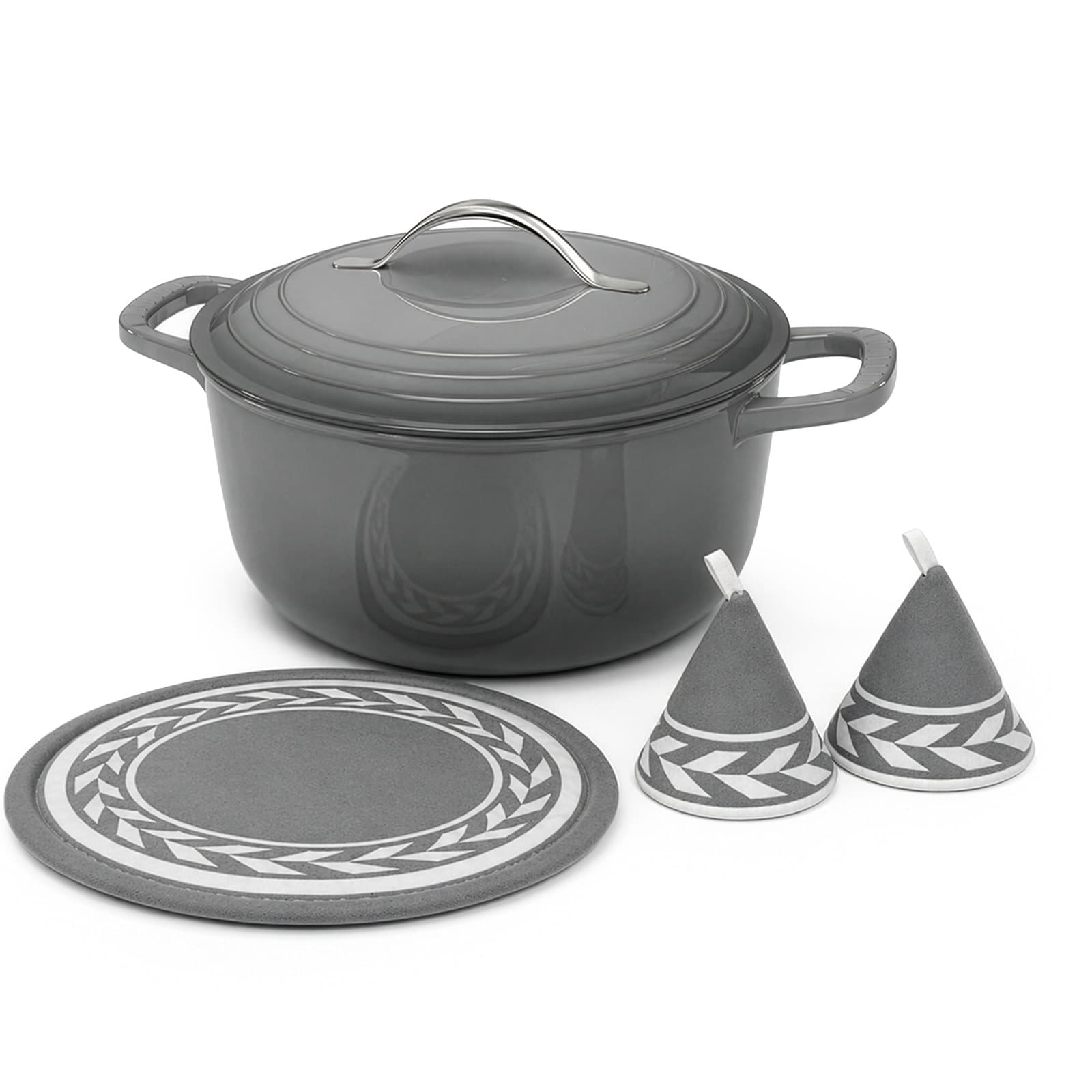 Stainless Steel Handle 7.5QT (7.1L) Round Enamel Pot – Black-to-Grey Gradient (Includes Oven Mitts & Trivet)