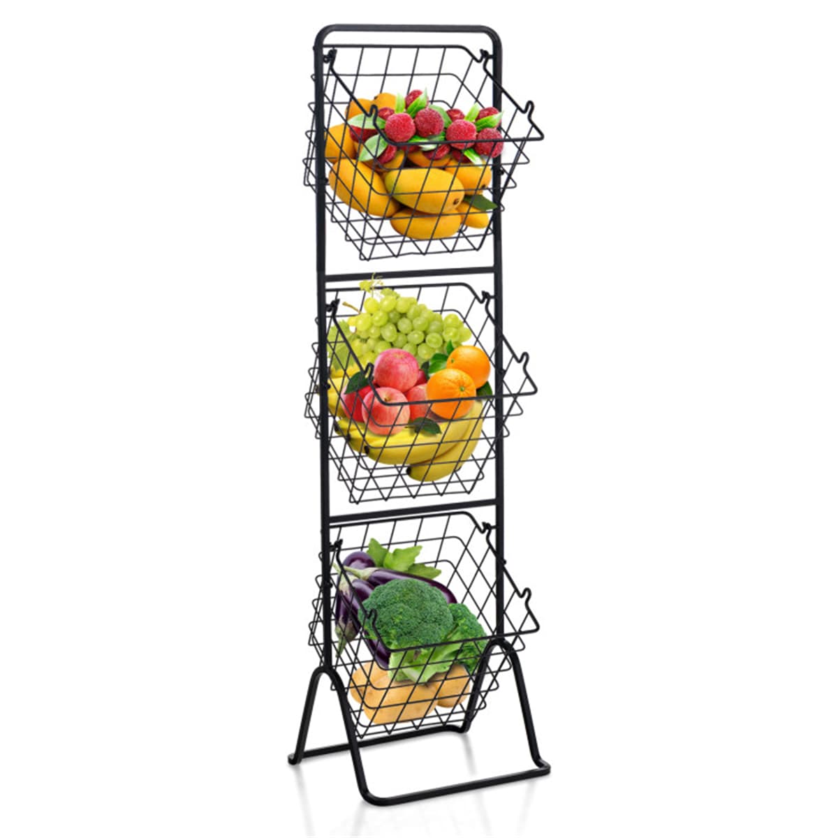 3-Tier Fruit Basket Stand - Removable Wire Bowls, Convertible to 1/2 Tier, Steel Frame with Non-Slip Pads, Black