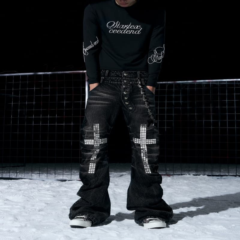 Mens Cross-Design Rhinestone-Embellished Double-Waist Button Denim Jeans