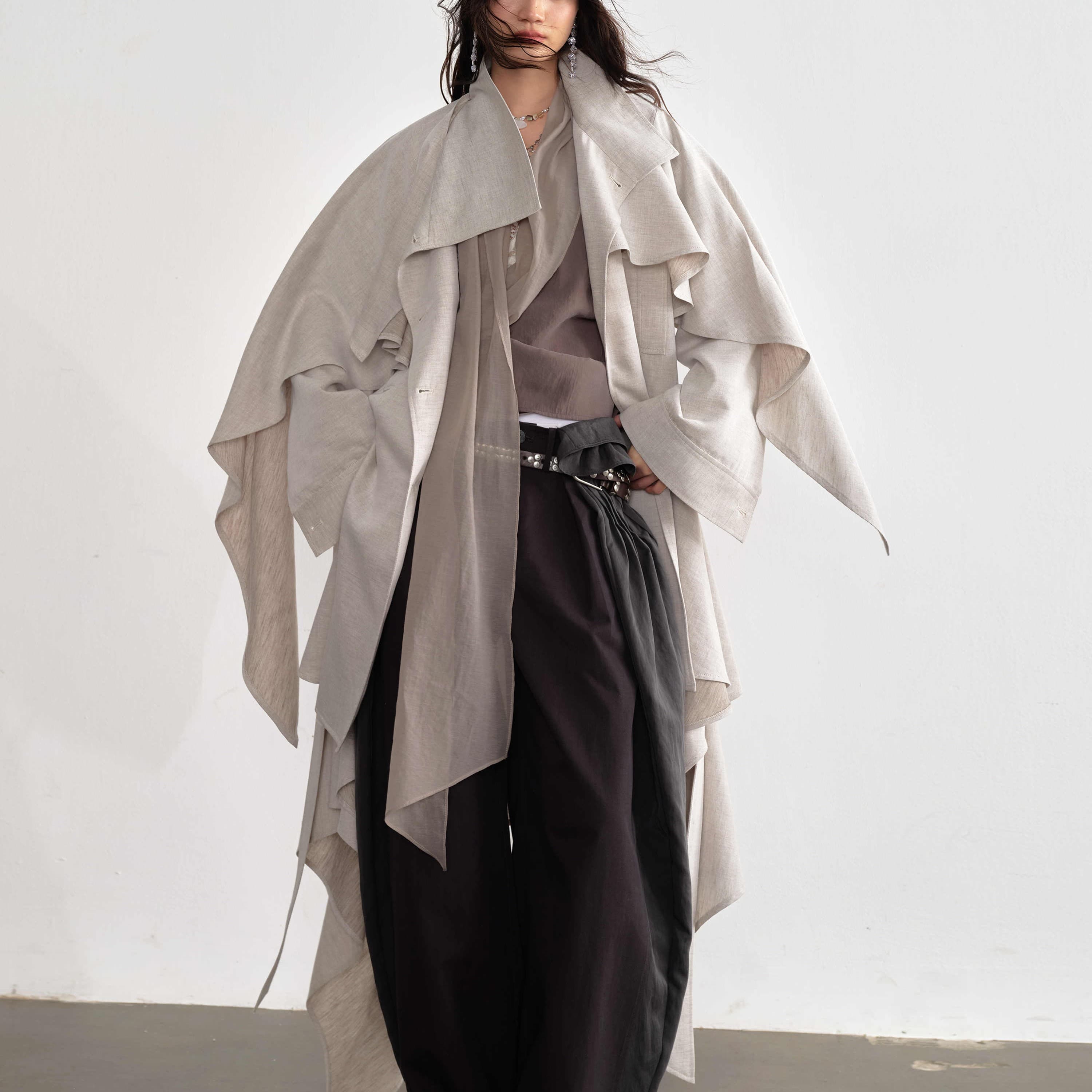 Gypsum White Linen Blended Irregular Skirt Trench Coat