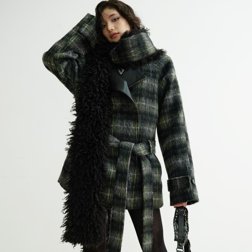 Extra-long Fluffy Scarf-style Plaid Mixed-color Wool Coat