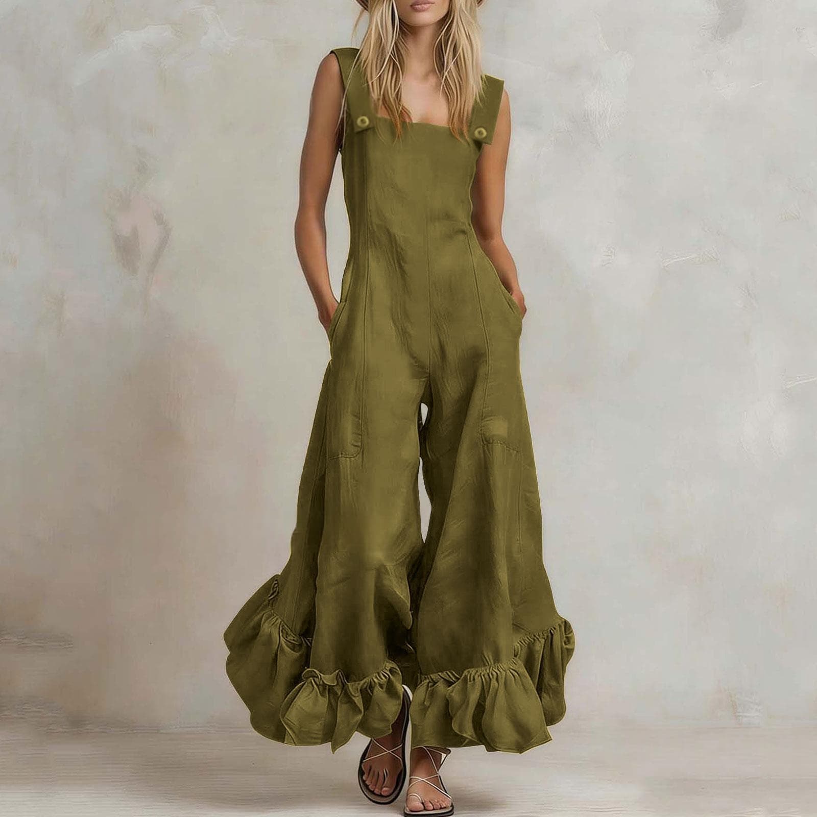 Wide-leg Flounce-trimmed Strap Jumpsuit For Women