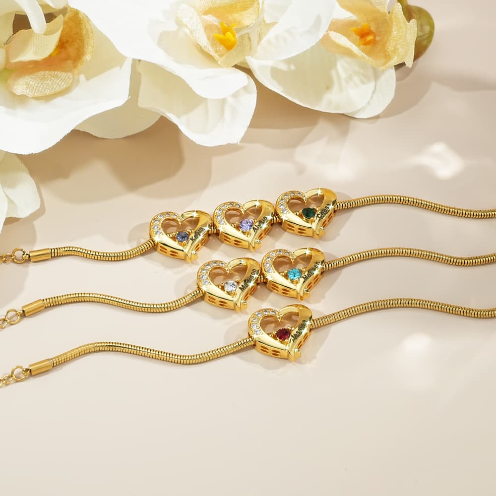 Diamond Studded Peach Heart Birthstone Necklace Bracelet