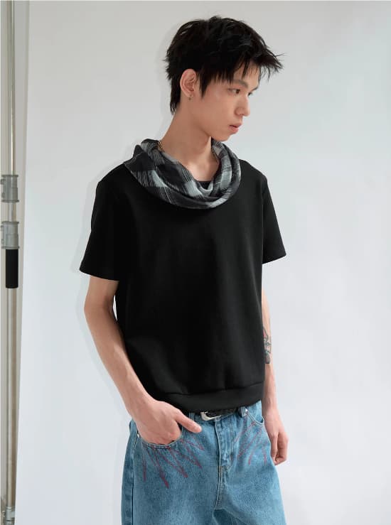White Checkered Patchwork Shoulder Loose Short Sleeved Shirt