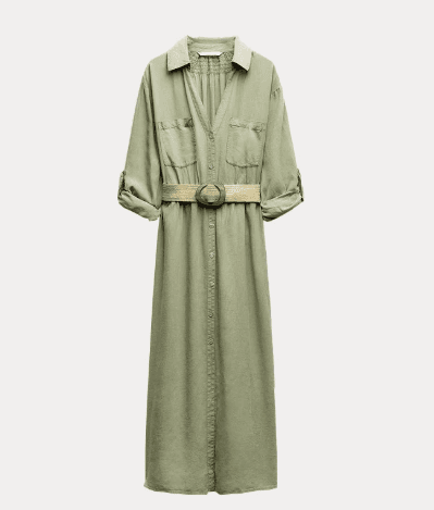 European And American V-neck Rolled Edge Sleeve Jute Waistband Dress