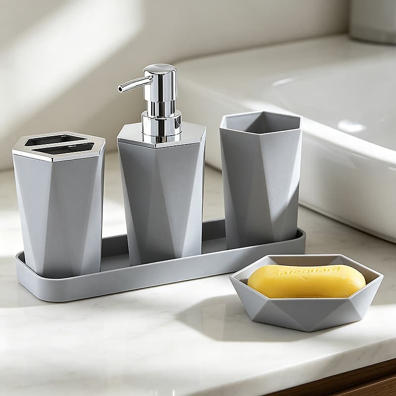 Toothbrush Holder Soap Dish Trash Can And Pump-style Hand Sanitizer Dispenser Bathroom Set