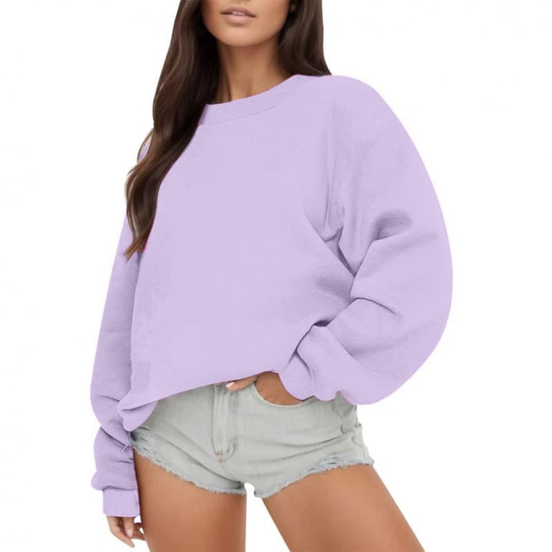 Womens Fleece-lined Crew-neck Casual Loose-fitting Top