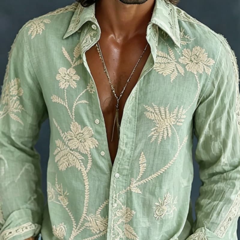Men's Digital-Print Retro Floral Casual Shirt