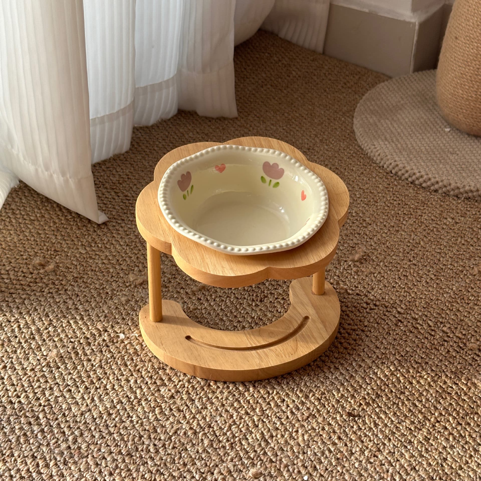 Ceramic Elevated Wooden Stand Pet Bowl Tip-resistant