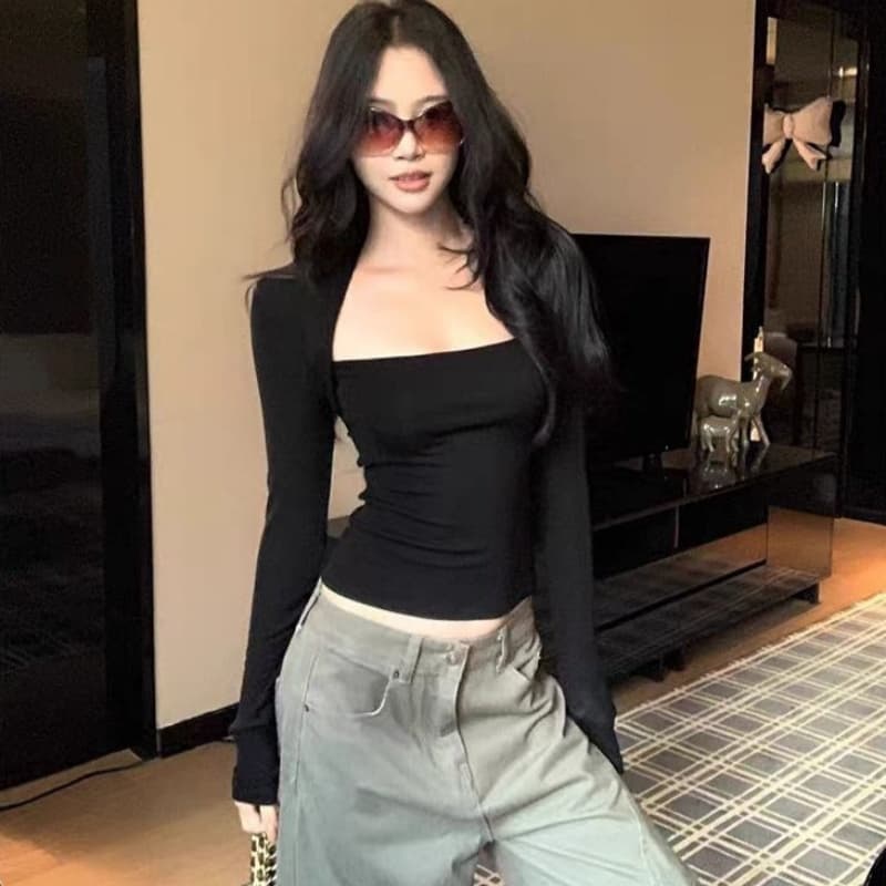 Black American-style Alluring Spicy-chic Square-neck Long-sleeve Top