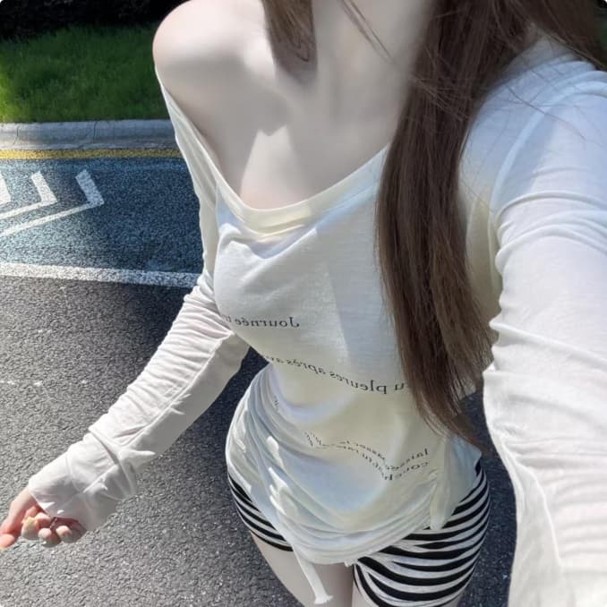 French Letter-print Sheer Off-shoulder Sun-protective Top