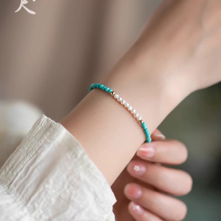 Natural Turquoise And Pearl Bead Bracelet