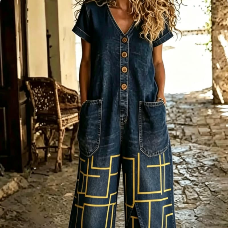 Buttoned Pockets Comfortable Short Sleeves Casual One-piece Wide-leg Jumpsuit