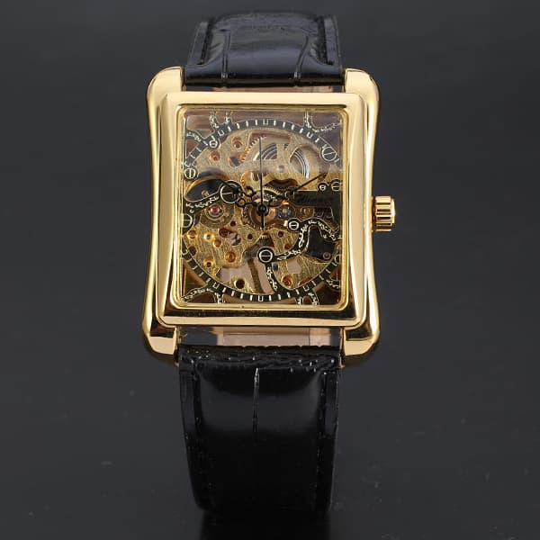 Hollowed-out Gear Square-dial Gold Mechanical Leather-strap Watch