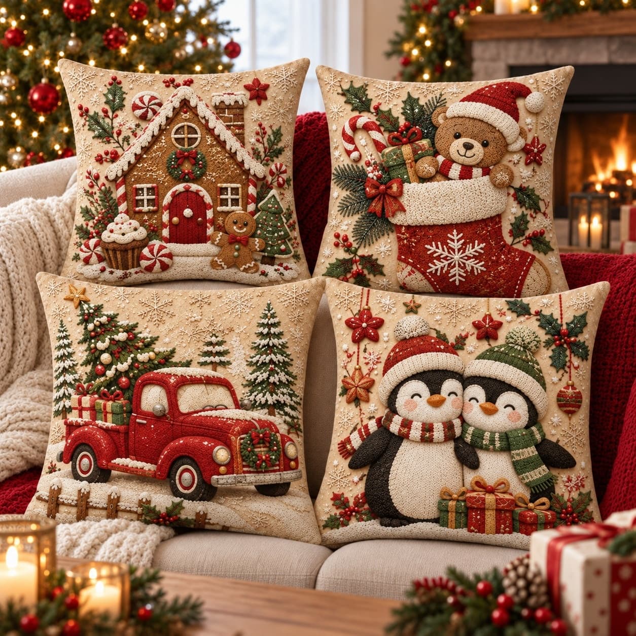 Christmas Tree Flat Print Vintage Mori-style Christmas Sofa Holiday Decorative Cushion Cover