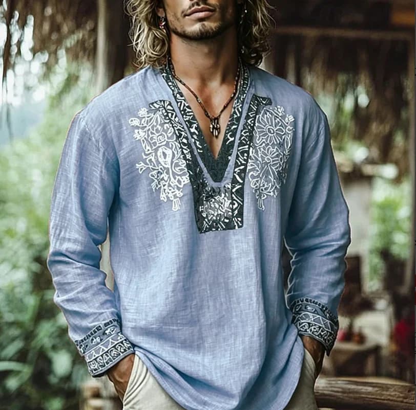 Printed V-neck Long Sleeve Amazon Hot Men's Shirt