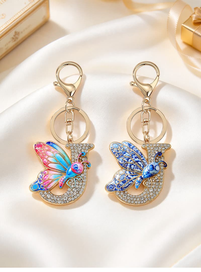 Retro Letter J Butterfly Key Charm With Diamond-Encrusted Bag Pendant