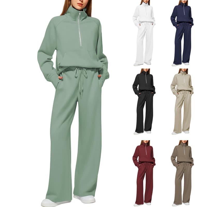 Woman Solid Color Half Zip Long Sleeve Sweatshirt And Wide Leg Pants Set Casual Sporty Two Piece Outfit Women's Suit