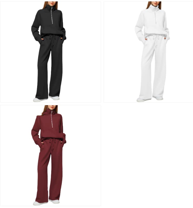 Woman Solid Color Half Zip Long Sleeve Sweatshirt And Wide Leg Pants Set Casual Sporty Two Piece Outfit Women's Suit