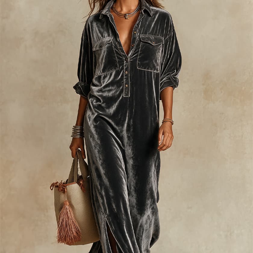 Women's French-style Solid-color Velvet Loose-fitting Dress With A Lapel Collar