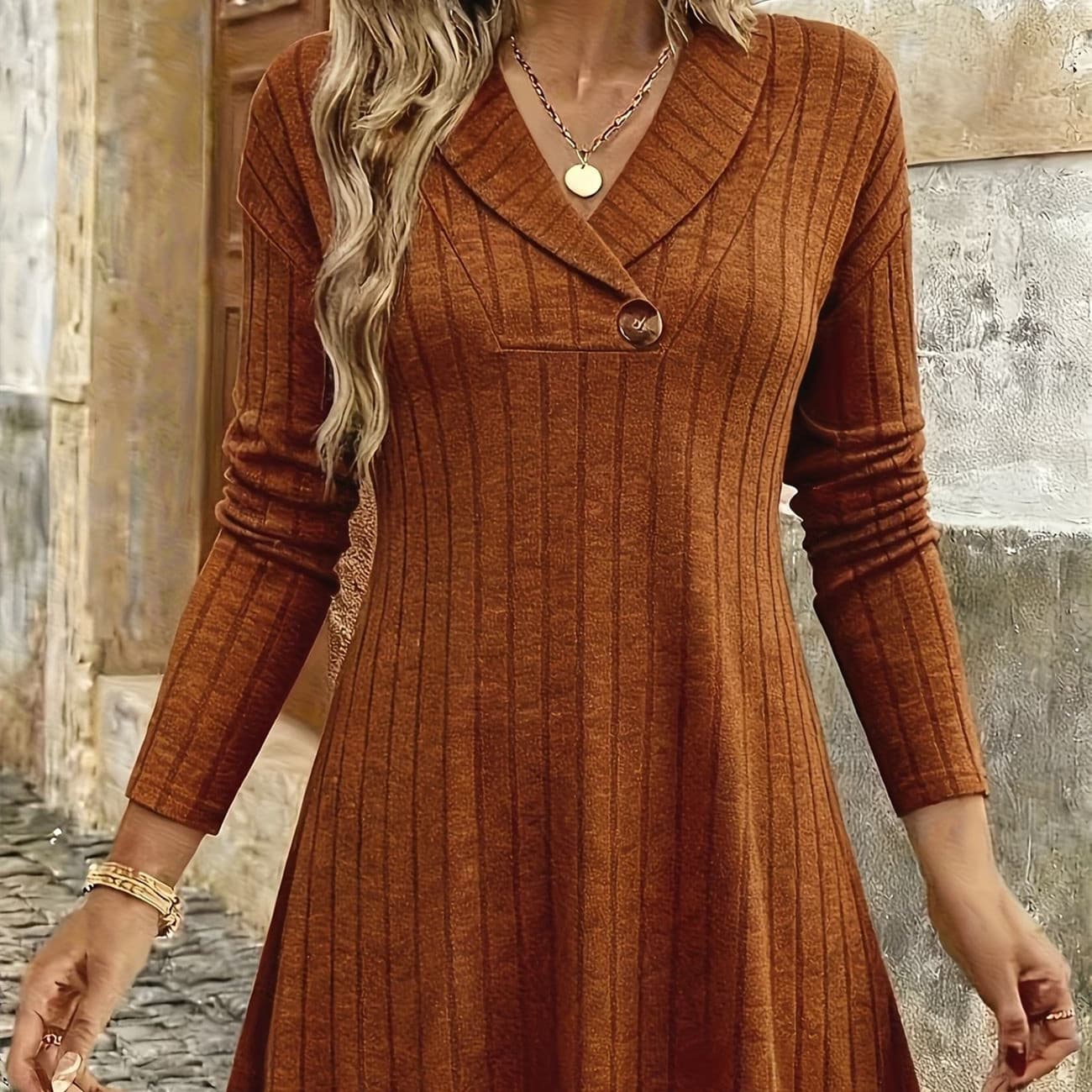 Women's Solid Color Casual Polo Collar Sunken Stripe V-neck Long Sleeve Top