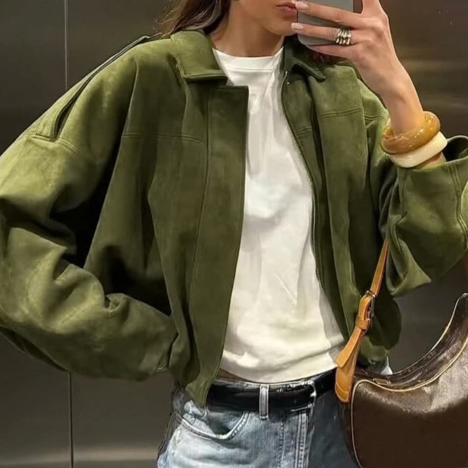 Loose-fit Long-sleeve Zip-up Retro Womens Bomber Jacket