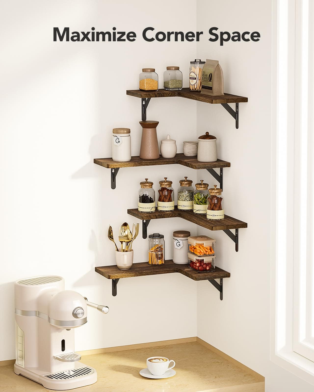 Amada HOMEFURNISHING Corner Floating Shelves Set Of 4 Corner Wall Shelves, Shelves For Wall Decor Corner Wood Shelves For Home Decor, Office, Bedroom, Bathroom, Laundry Room, Kitchen, Brown