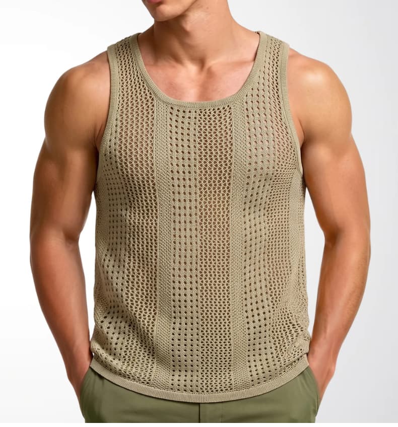 New Summer Men's Sleeveless Knit Hollow-out Deep U-Neck Casual Tank Top