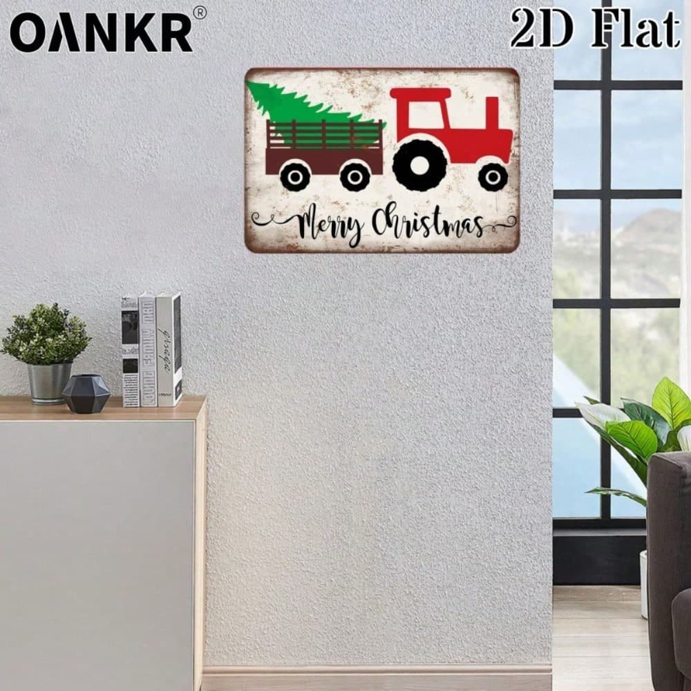 Funny Tractor Christmas Tree Metal Tin Sign 12x8 Inch, Merry Christmas 2D Flat