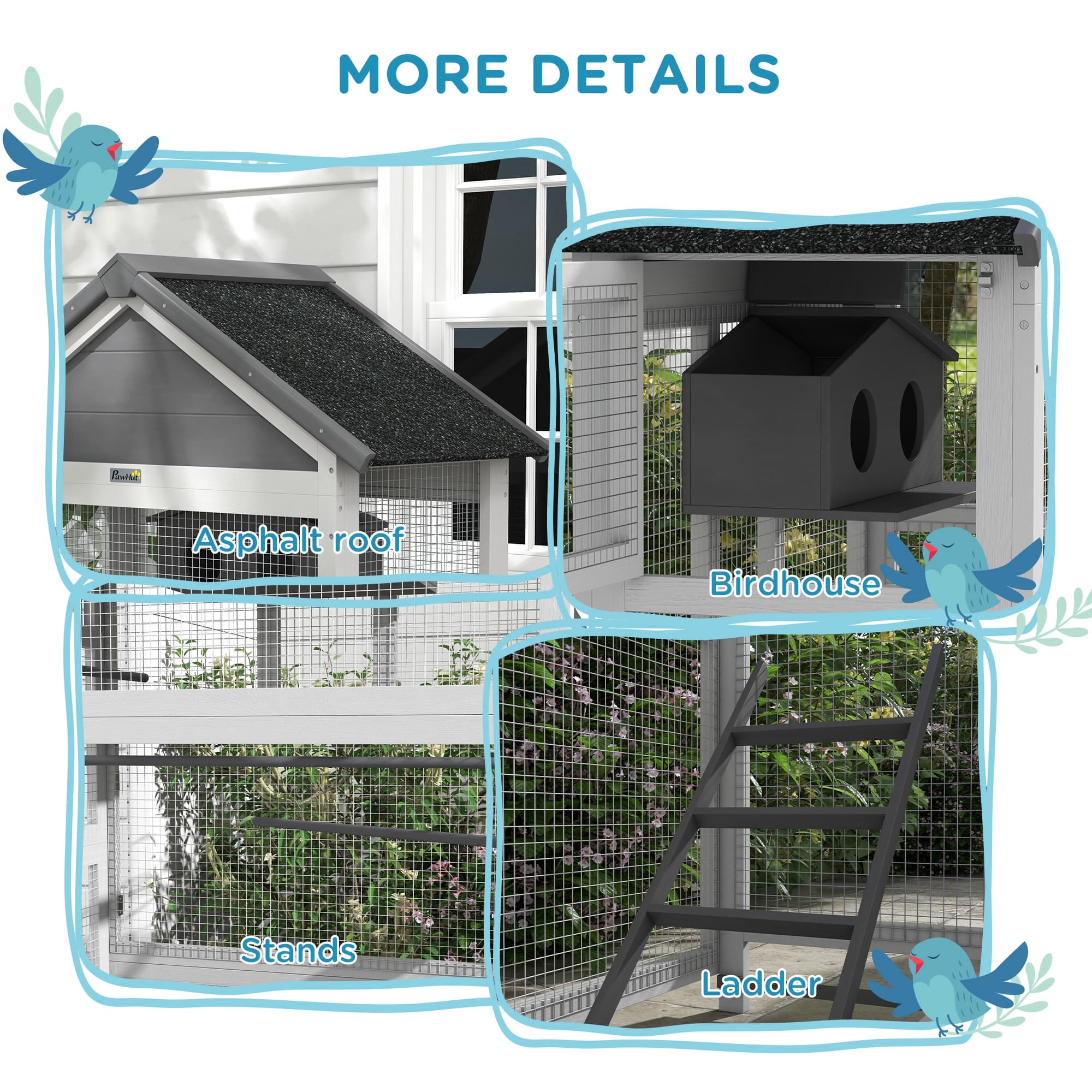 Wooden Bird Aviary with Slide-Out Tray, Birdhouse, Ladder, Perches for Finches, Parakeets, Gray