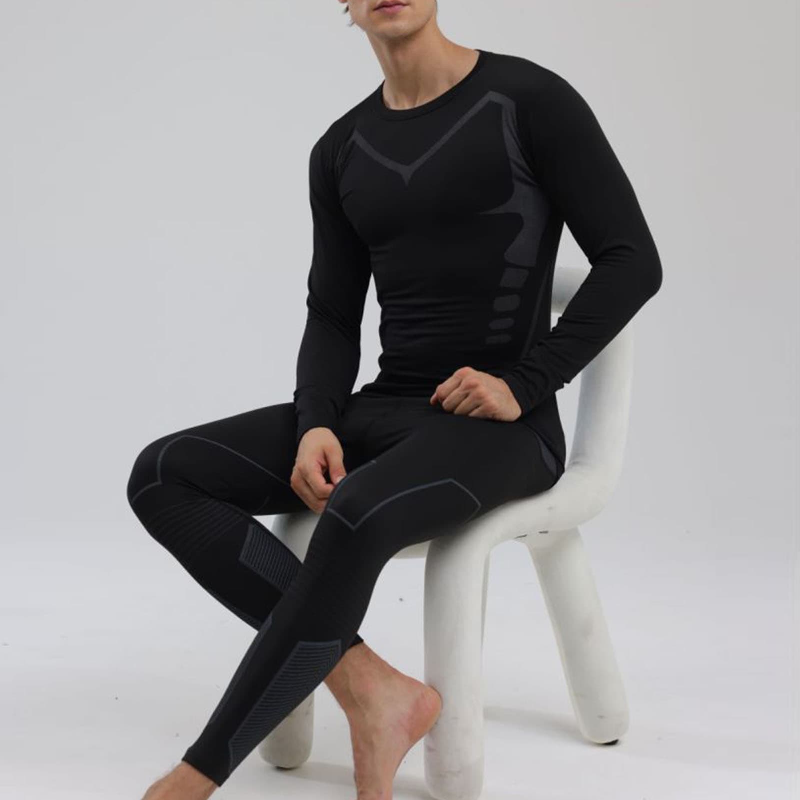 Men Thermal Underwear Set Shirt Pants Autumn Slim Fit Thermal Underwear Top Bottom Set Black S