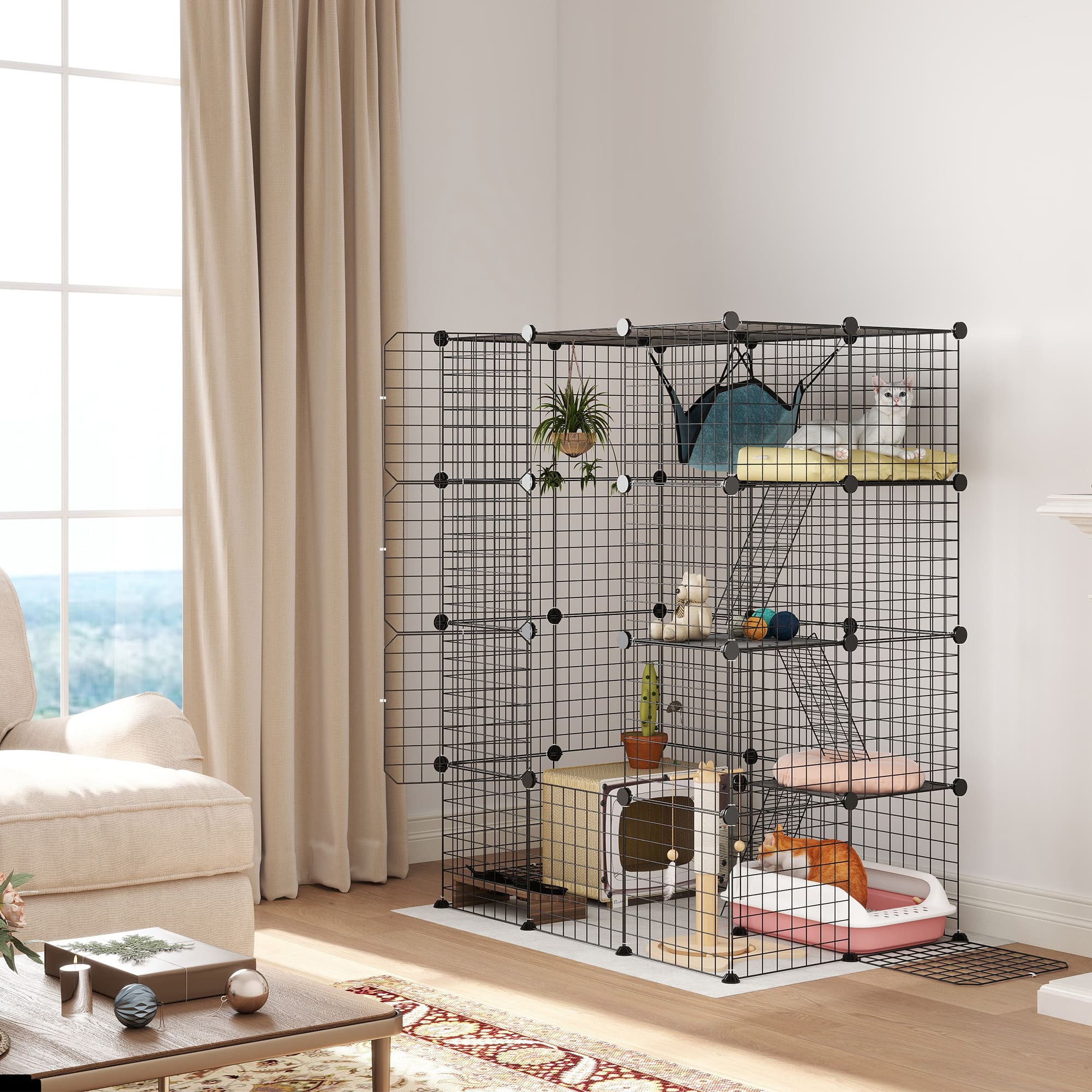Four-Tier DIY Large Cat Cage With Hammock,Ramps,Five Doors,Indoor Use For 1-3 Cats,Black