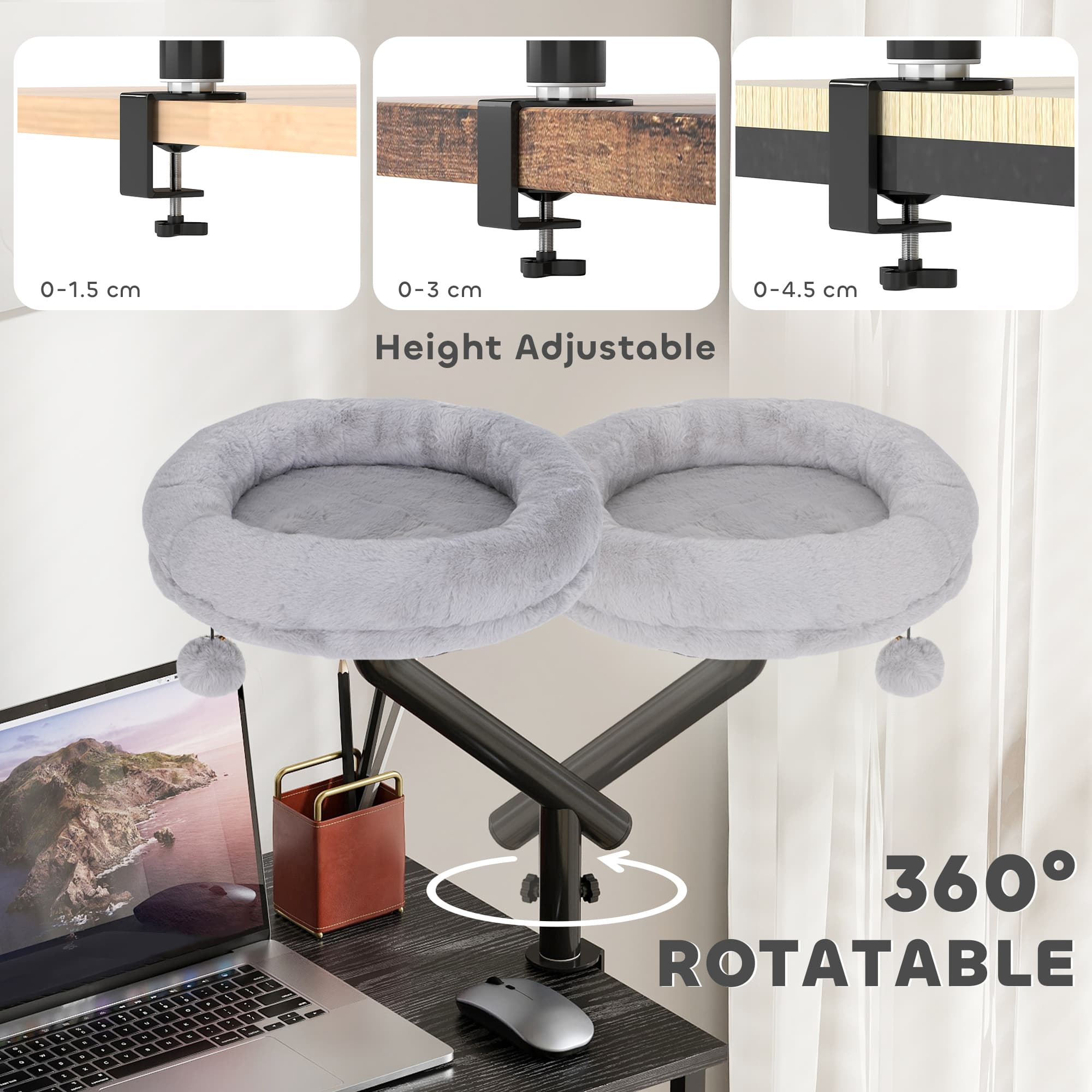 Cat Desk Bed,Cat Hammock 360° Rotatable Adjustable For Window,Table,Work,Grey