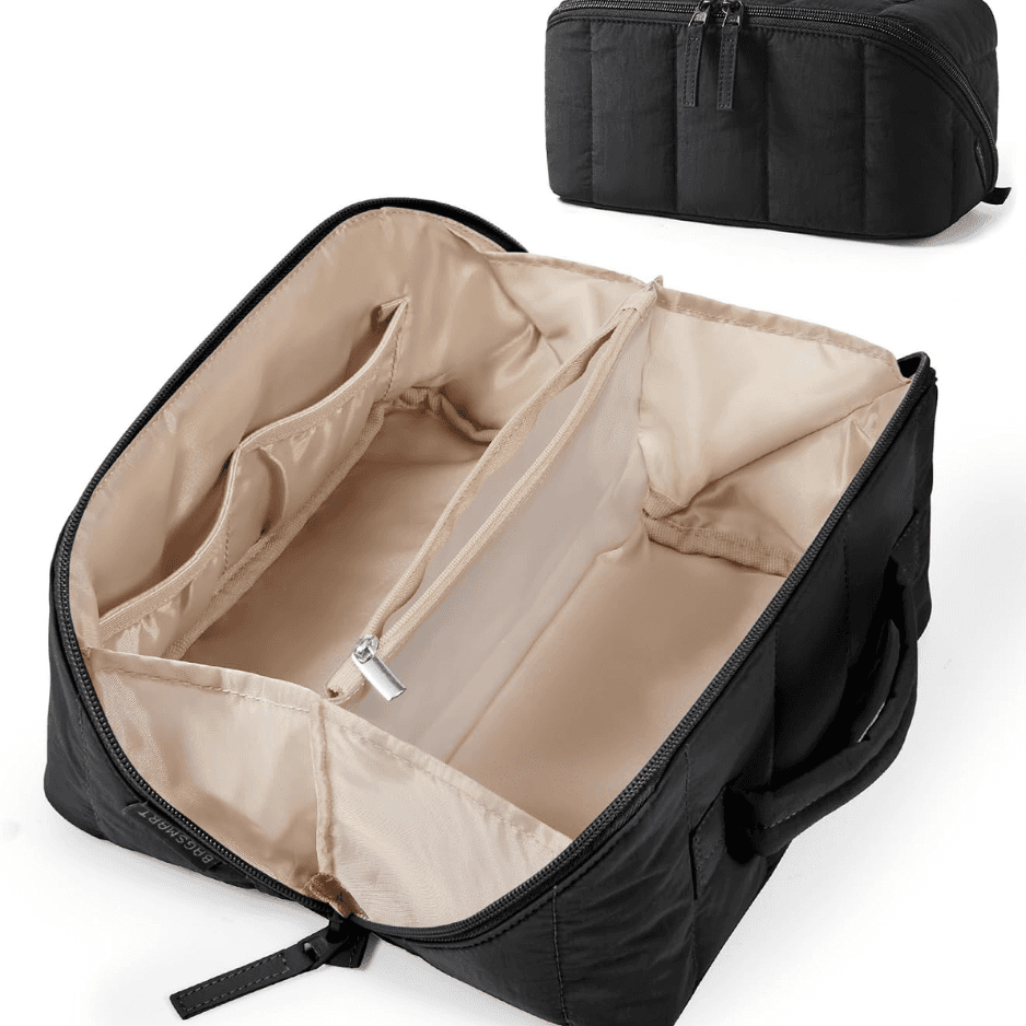 Puffy Travel Makeup Bag Toiletry Bag For Women, Black Open Flat, Portable, Make Up Organizer, Water Resistant, Puffy Padded, For Toiletries, Brushes