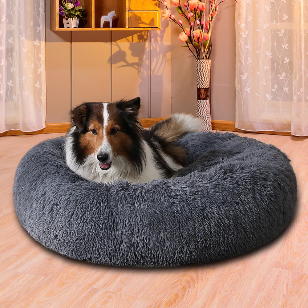 Zippered Fluffy Donut Dog Bed Warm Soft Long Plush Pet Cushion Dog House Cat Bed Washable Pet Sofa Mat Calming Small Large Dog Beds