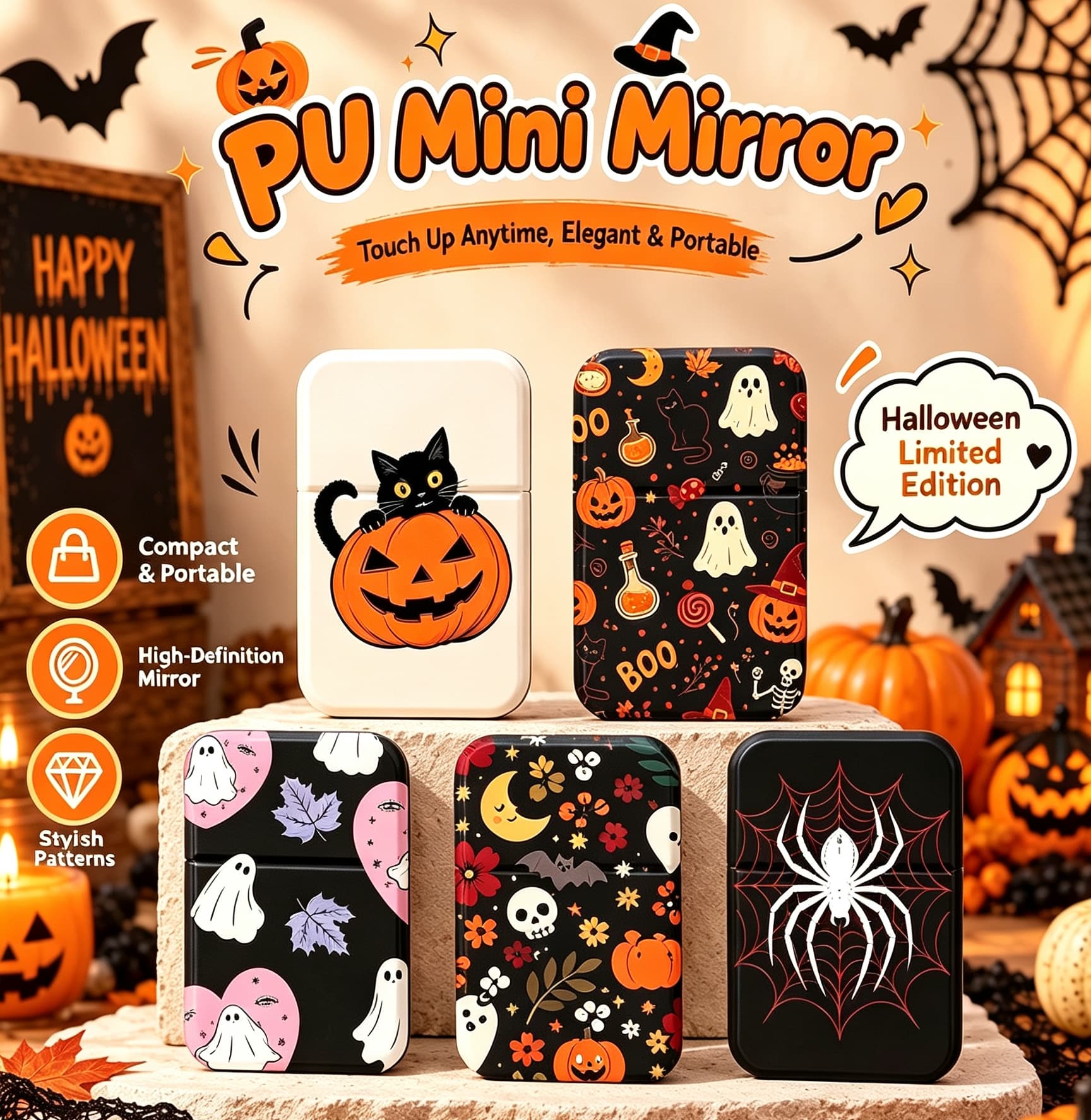 Halloween Limited PU Mini Compact Mirror, Folding Portable Pocket Makeup Mirror, HD Cosmetic Mirror For Travel, Halloween Gift