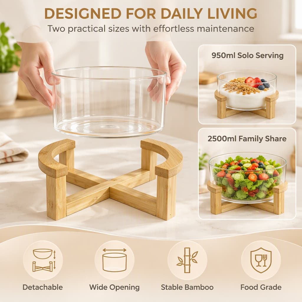 Glass Salad Bowl With Bamboo Stand, Elevated Borosilicate Serving Dish For Fruit Dessert