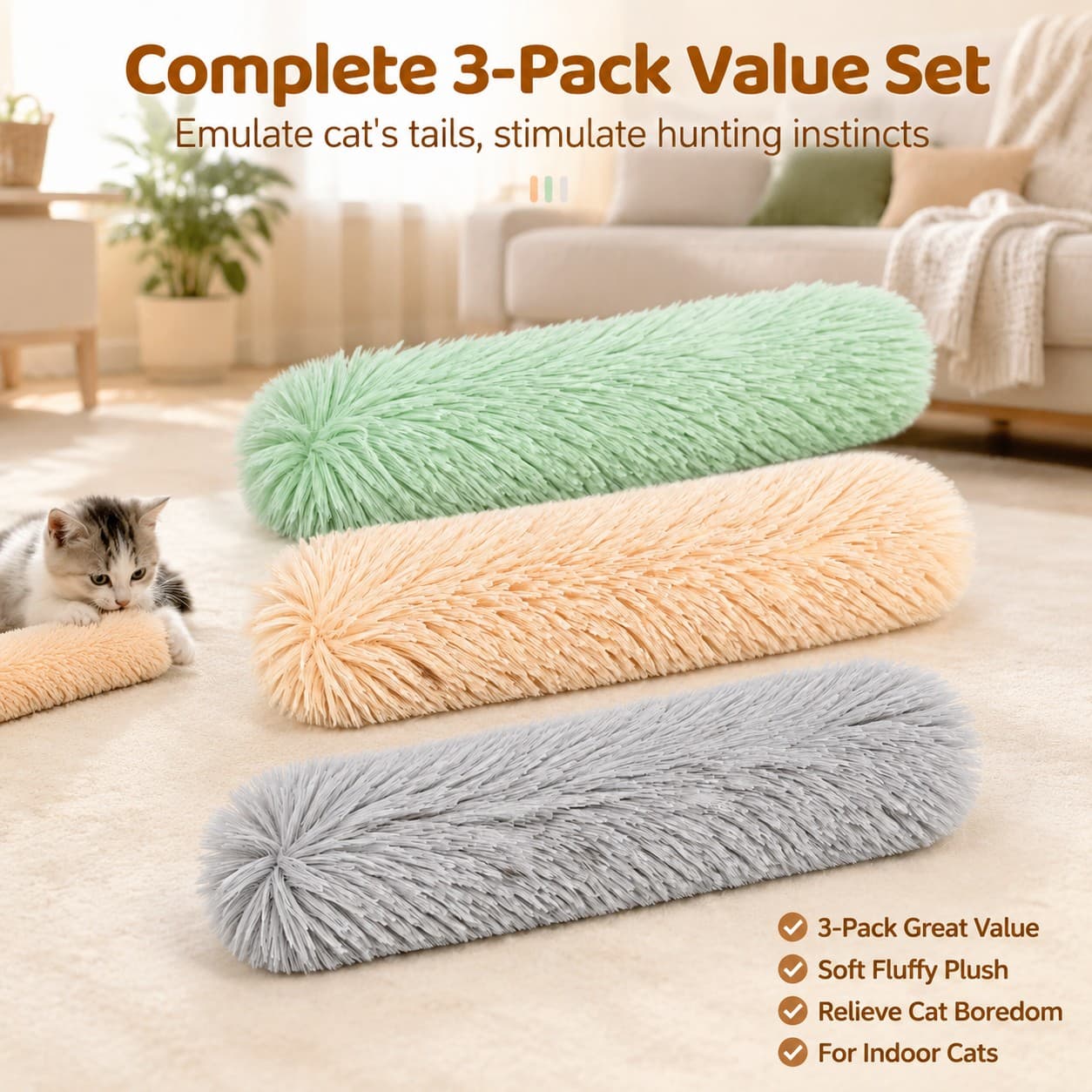 3 Pack Catnip Kicker Toys For Indoor Cats, Soft Plush Cat Kick Stick With Crinkle Paper, Interactive Cat Toy To Stimulate Hunting Instinct, Relieve Boredom