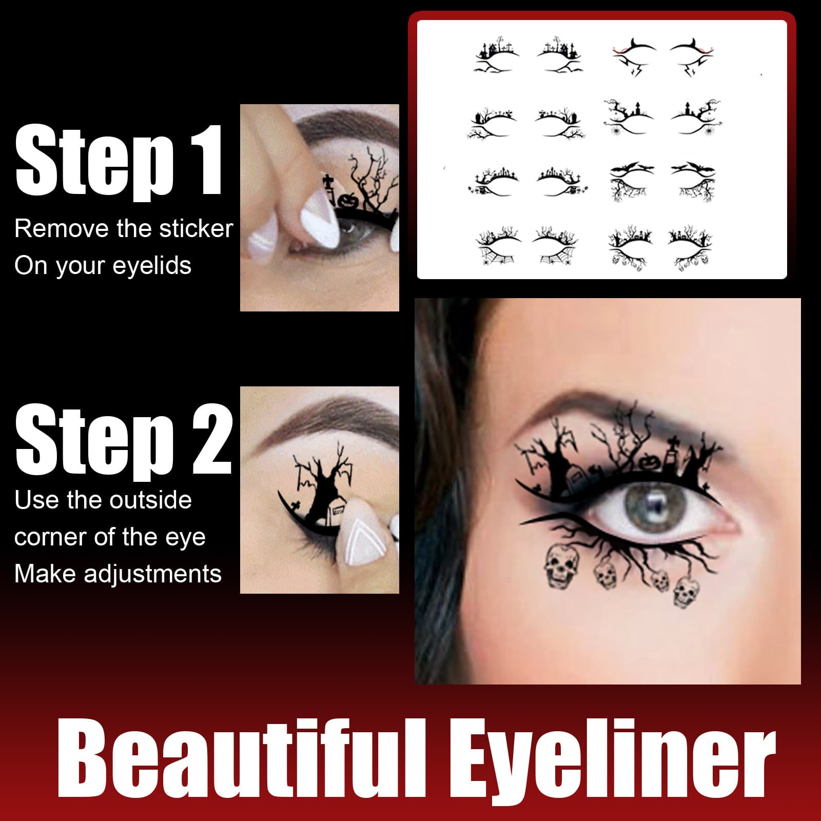 Halloween Eyeliner Stickers, 8 Pairs PET Eye Liner Temporary Tattoo Stickers, Reusable Eye Makeup Decals For Halloween Party Cosplay