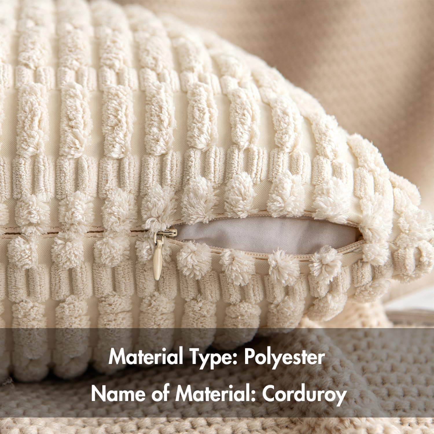 2PCS Soft Corduroy Decorative Pillow Covers 18x18 Inch, Boho Striped Cushion Cases For Sofa, Couch, Bedroom & Living Room, Cream White
