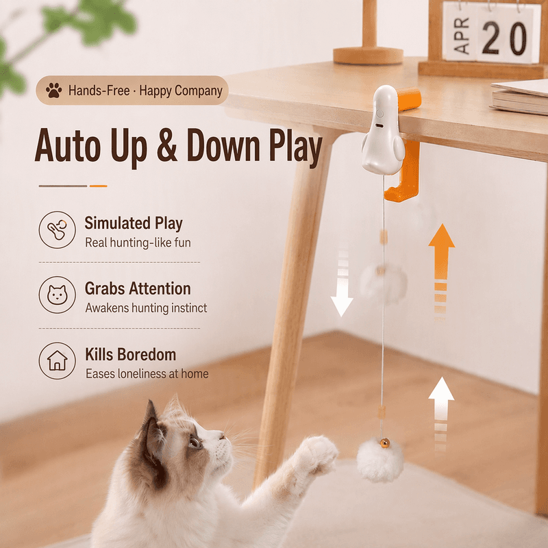 Automatic Cat Teaser Ball, Clamped-on Electric Interactive Cat Toy With Retractable Moving Pom Pom Ball, USB Rechargeable Self-Playing Kitten Toy For Indoor Cats