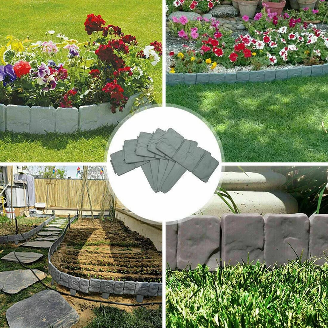 50 Pack Lawn Edging Cobbled Stone Effect Plastic Garden Edging Hammer In Grey