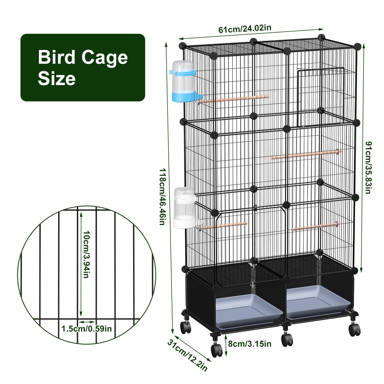 1Pc 46in Bird Cage Spacious Indoor Pet Bird House With 4 Wooden Perches 2 Slide-Out Tray 2 Water Bottle Feeder Lockable Wheels For Parrot Parakeets Cockatiel Lovebird Small Mid-Sized Birds
