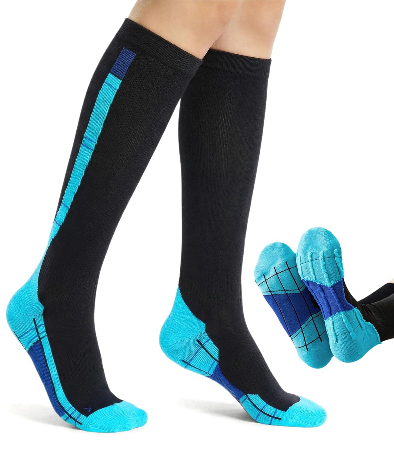 Compression Socks For Women Men Circulation 20-30 MmHg, Wide Calf Stockings For Athletic Running, Cycling, Travel, Medical, Daily Wear, Blue Black Grey Black Green