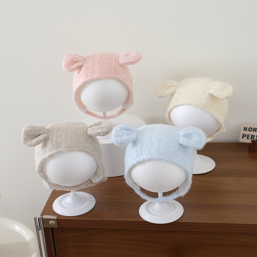 Winter Autumn Pure Color Knitted Three-dimensional Ear Protection Hat With Soft And Fluffy Fabric And Lace Straps