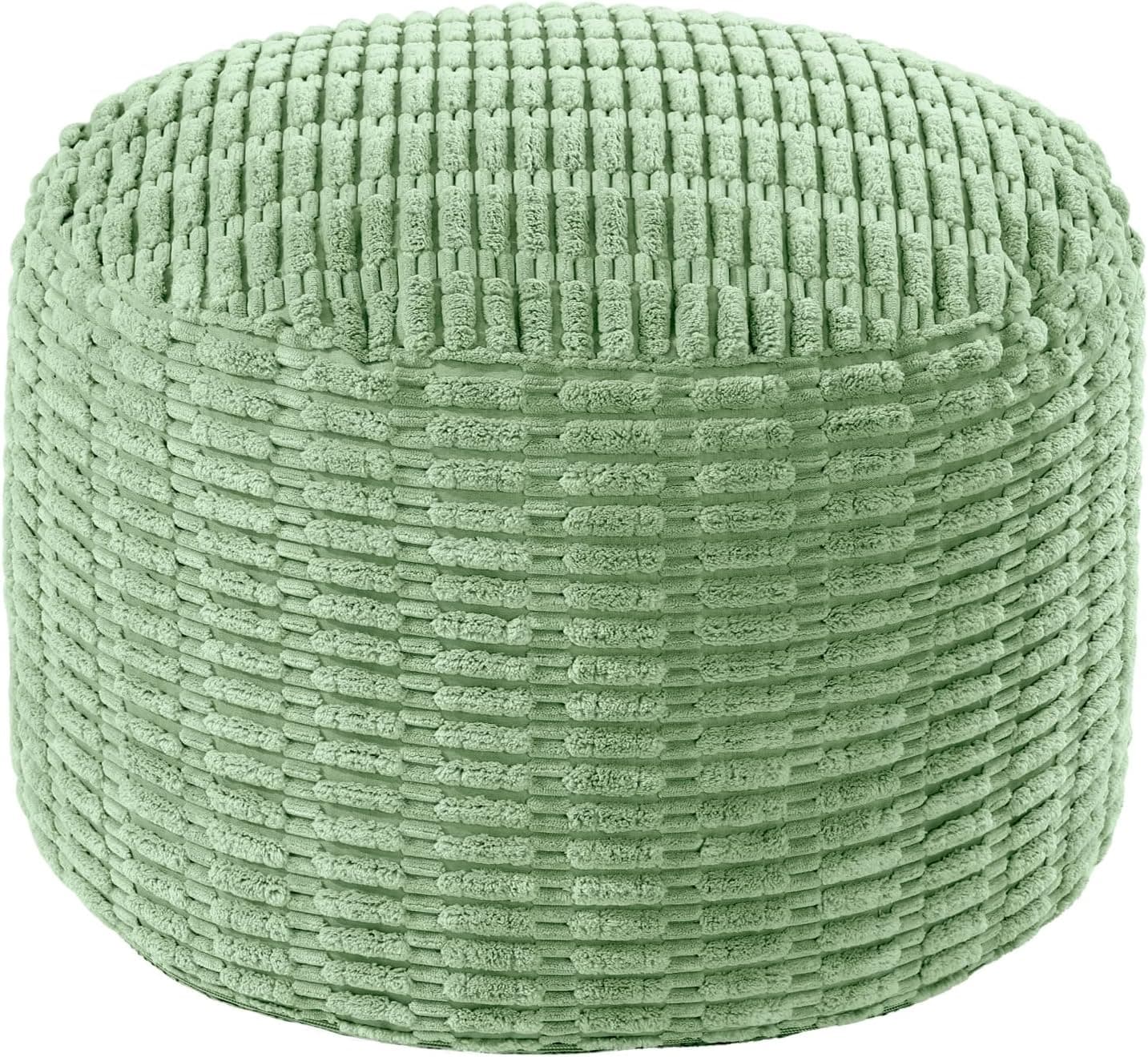 Unstuffed Ottoman Pouf Cover, Round Faux Fur Footstool With Storage, Fuzzy Floor Bean Bag Cover, Sage Green Striped Tufted